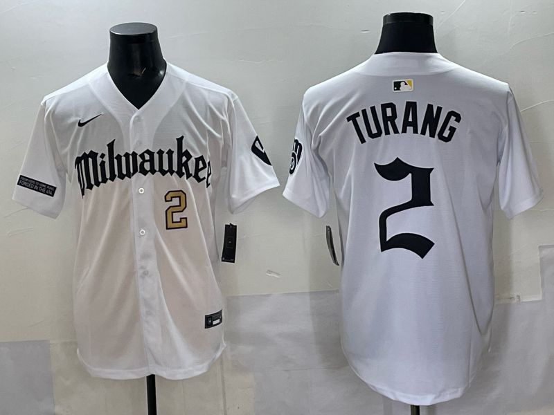 Men 2025 Milwaukee Brewers #2 Turang White Five generations Joint Name Nike MLB Jersey style 6